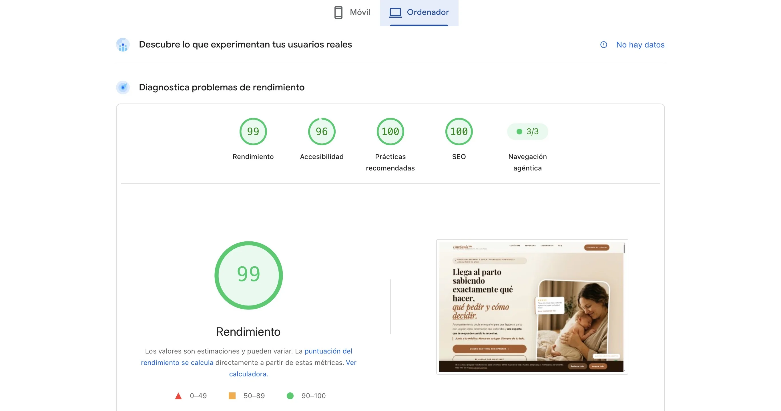 Segunda captura de Google PageSpeed Insights con métricas de rendimiento, accesibilidad, buenas prácticas y SEO de tucaredoula.com