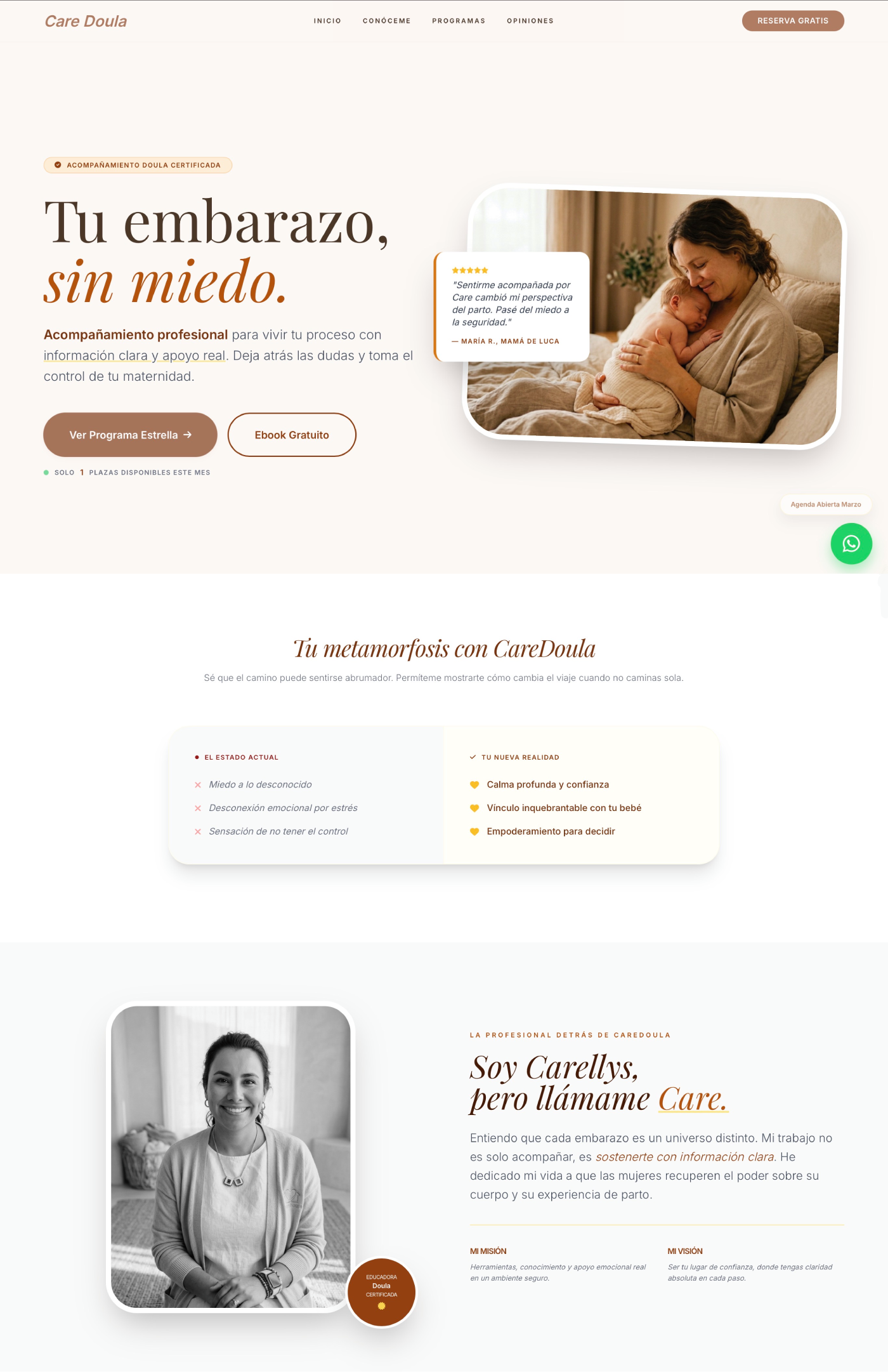 Landing page premium de Care Doula rediseñada por Flor Peña — estética oscura y dorada que comunica autoridad y exclusividad
