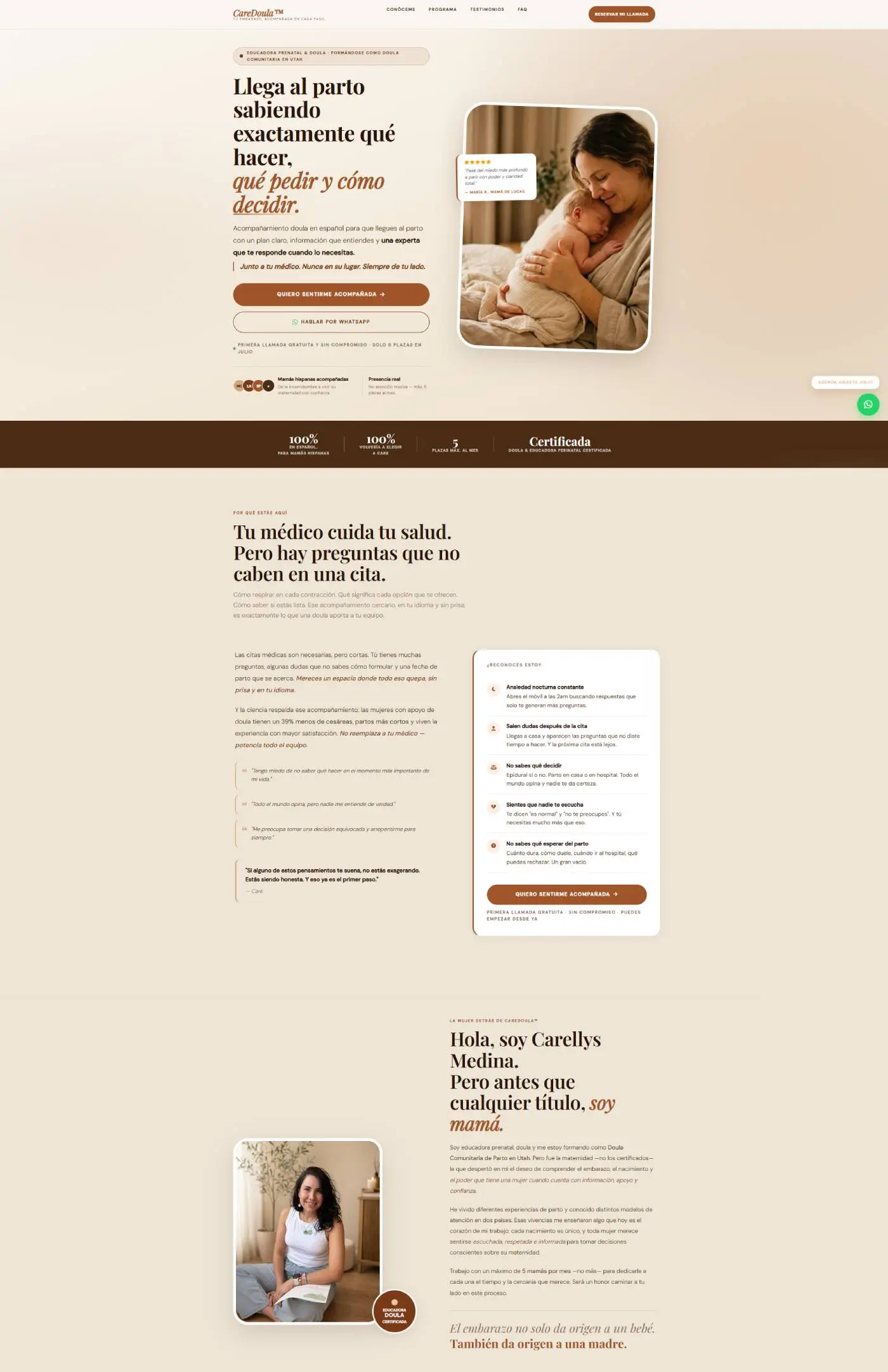 Landing page premium de Care Doula rediseñada por Flor Peña — estética oscura y dorada que comunica autoridad