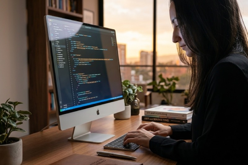 Espacio de trabajo de Flor Peña, estratega de autoridad digital con más de 12 años de experiencia en marketing y diseño