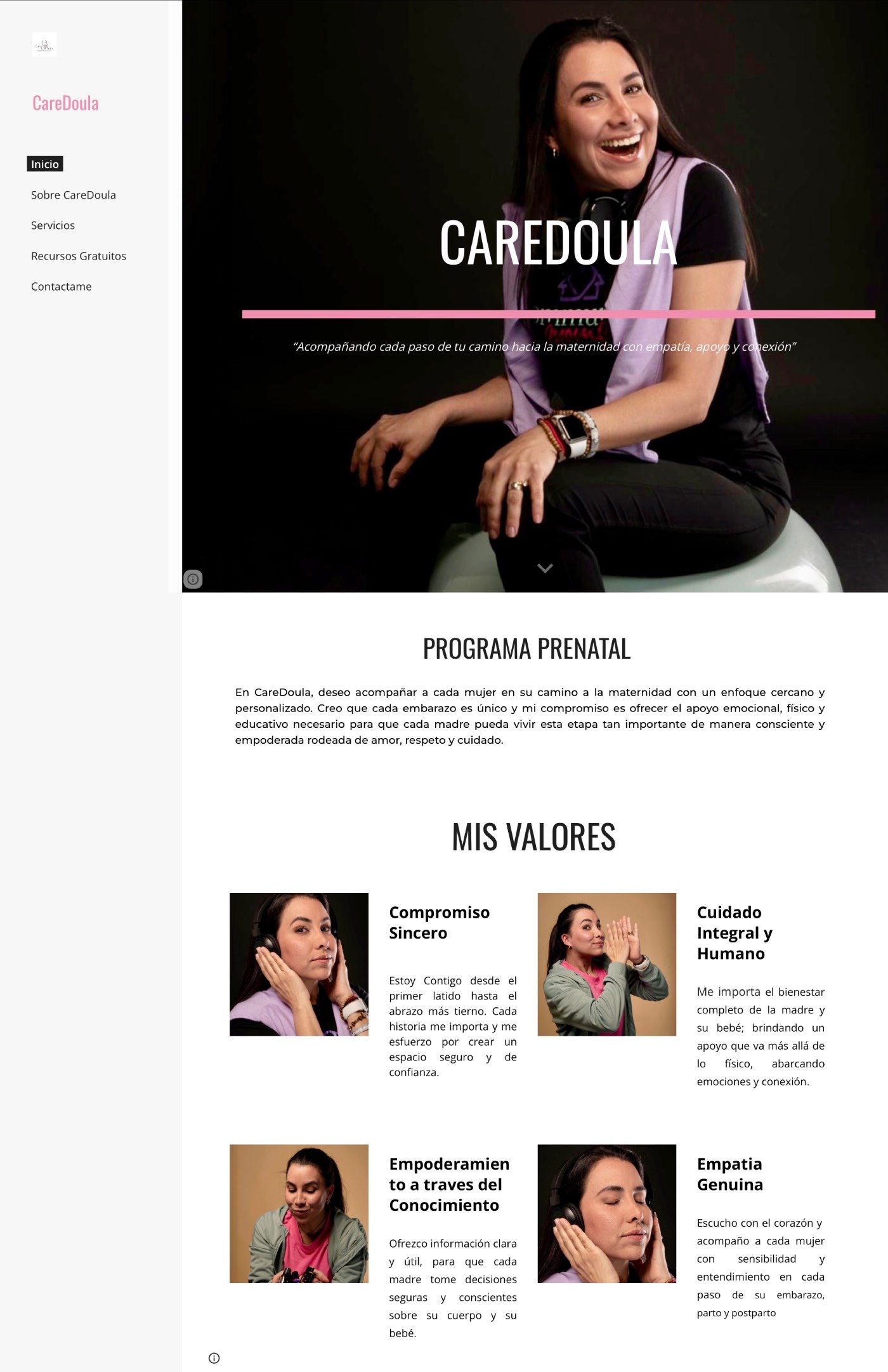 Web original de Care Doula — diseño básico sin jerarquía visual ni posicionamiento premium